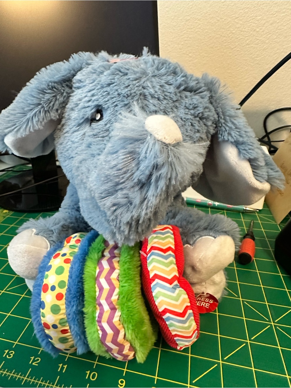 Blue Plush Elephant with Colorful Sensory Rings